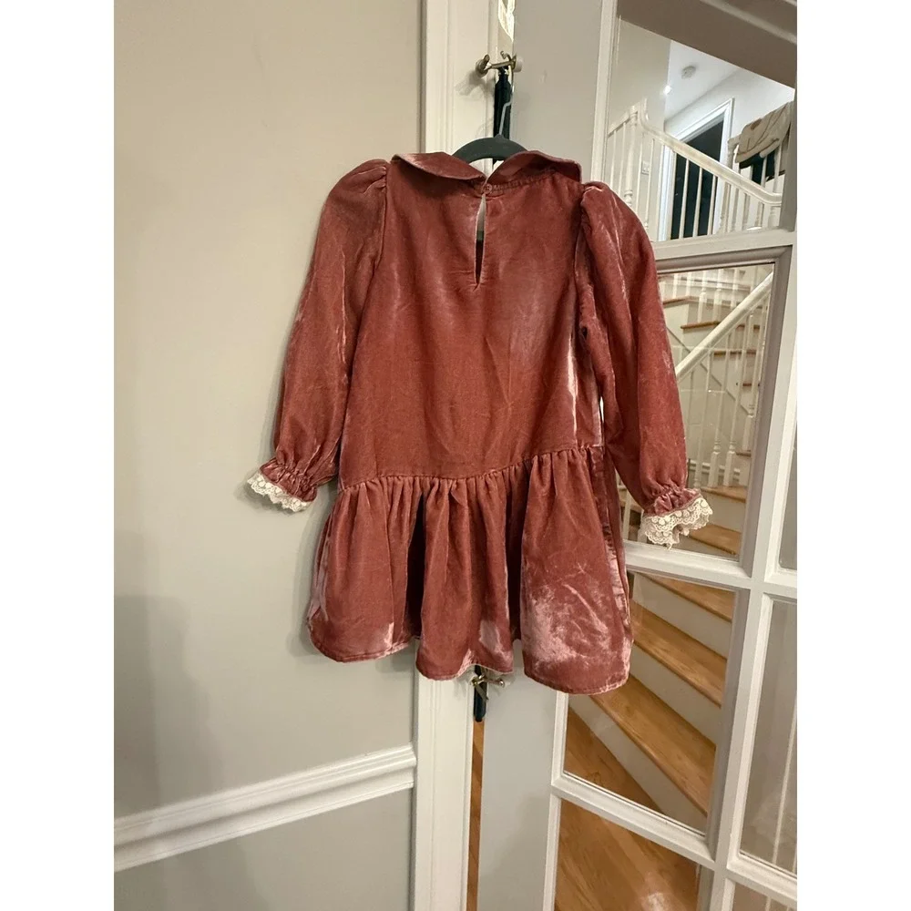 Laura Ashley Kids Pink Velvet Dress Peter Pan Collar Lace Trim Long Sleeve 4Y